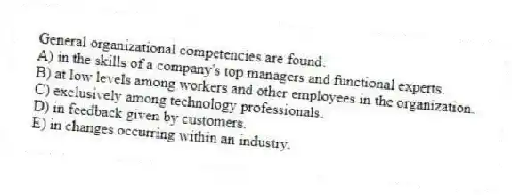 General organizational competencies are found:
A) in the skills of a company's top managers and functional experts.
B) at low levels among workers and other employees in the organization.
C) exclusively among technology professionals.
D) in feedback given by customers.
E) in changes occurring within an industry.