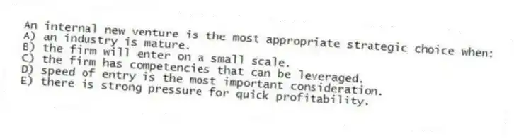 An internal new venture is the most appropriate strategic choice when:
A) an industry is mature.
B) the firm will enter on a small scale.
C) the firm has competencies that can be leveraged.
D) speed of entry is the most important consideration.
E) there is strong pressure for quick profitability.