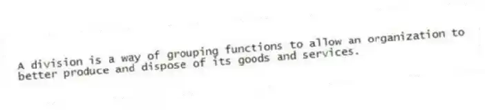 A division is a way of grouping functions to allow an organization to better produce and dispose of its goods and services.