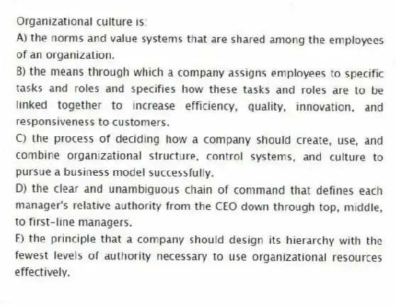 Organizational culture is:
A) the norms and value systems that are shared among the employees of an organization.
B) the means through which a company assigns employees to specific tasks and roles and specifies how these tasks and roles are to be linked together to increase efficiency, quality, innovation, and responsiveness to customers.
C) the process of deciding how a company should create, use, and combine organizational structure, control systems, and culture to pursue a business model successfully.
D) the clear and unambiguous chain of command that defines each manager's relative authority from the CEO down through top, middle, to first-line managers.
E) the principle that a company should design its hierarchy with the fewest levels of authority necessary to use organizational resources effectively.