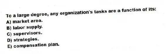 To a large degree, any organization's tasks are a function of its:
A) market area.
B) labor supply.
C) supervisors.
D) strategies.
E) compensation plan.