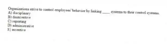 Organizations strive to control employees' behavior by linking ____ systems to their control systems.
A) disciplinary
B) disincentive
C) reporting
D) administrative
E) incentive