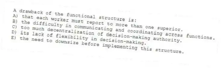 A drawback of the functional structure is:
A) that each worker must report to more than one superior.
B) the difficulty in communicating and coordinating across functions.
C) too much decentralization of decision-making authority.
D) its lack of flexibility in decision-making.
E) the need to downsize before implementing this structure.