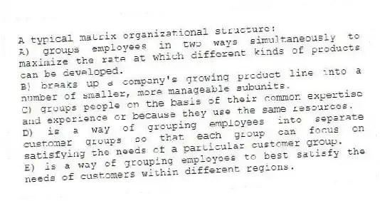A typical matrix organizational structure:
A) groups employees in two ways simultaneously to maximize the rate at which different kinds of products can be developed.
B) breaks up a company's growing product line into a number of smaller, more manageable subunits.
C) groups people on the basis of their common expertise and experience or because they use the same resources.
D) is a way of grouping employees into separate customer groups so that each group can focus on satisfying the needs of a particular customer group.
E) is a way of grouping employees to best satisfy the needs of customers within different regions.