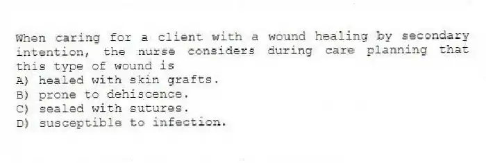 When caring for a client with a wound healing by secondary intention, the nurse considers during care planning that this type of wound is
A) healed with skin grafts.
B) prone to dehiscence.
C) sealed with sutures.
D) susceptible to infection.