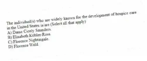 The individual(s) who are widely known for the development of hospice care in the United States is/are (Select all that apply)
A) Dame Cicely Saunders.
B) Elisabeth Kübler-Ross.
C) Florence Nightingale.
D) Florence Wald.