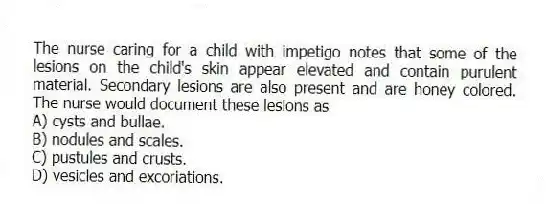 The nurse caring for a child with impetigo notes that some of the lesions on the child's skin appear elevated and contain purulent material. Secondary lesions are also present and are honey colored. The nurse would document these lesions as
A) cysts and bullae.
B) nodules and scales.
C) pustules and crusts.
D) vesicles and excoriations.