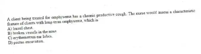 A client being treated for emphysema has a chronic productive cough. The nurse would assess a characteristic feature of clients with long-term emphysema, which is
A) barrel chest.
B) broken vessels in the nose.
C) erythematous ear lobes.
D) pectus excavatum.