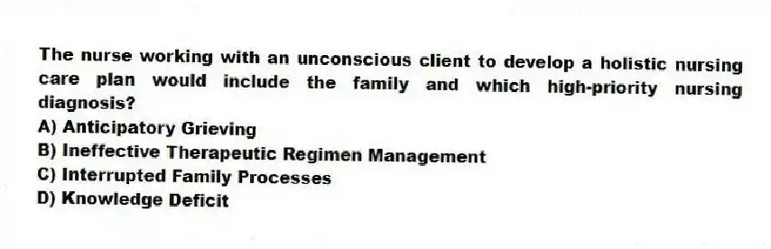 The nurse working with an unconscious client to develop a holistic nursing care plan would include the family and which high-priority nursing diagnosis?
A) Anticipatory Grieving
B) Ineffective Therapeutic Regimen Management
C) Interrupted Family Processes
D) Knowledge Deficit