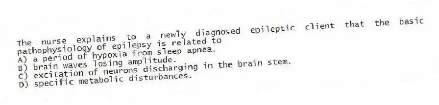 The nurse explains to a newly diagnosed epileptic client that the basic pathophysiology of epilepsy is related to
A) a period of hypoxia from sleep apnea.
B) brain waves losing amplitude.
C) excitation of neurons discharging in the brain stem.
D) specific metabolic disturbances.