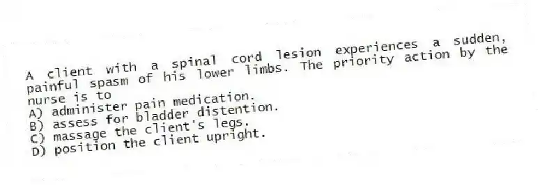 A client with a spinal cord lesion experiences a sudden, painful spasm of his lower limbs. The priority action by the nurse is to
A) administer pain medication.
B) assess for bladder distention.
C) massage the client's legs.
D) position the client upright.