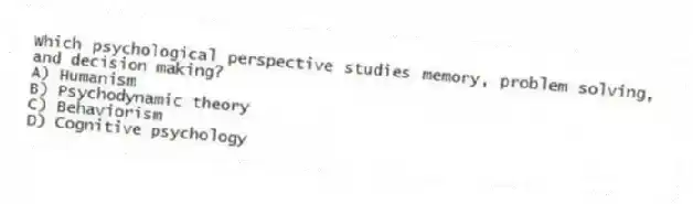Which psychological perspective studies memory, problem solving, and decision making?
A) Humanism
B) Psychodynamic theory
C) Behaviorism
D) Cognitive psychology