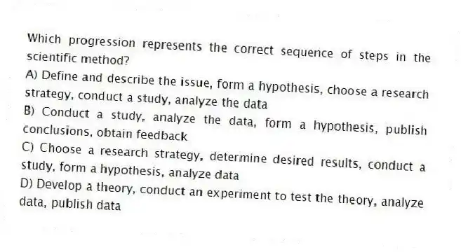 Which progression represents the correct sequence of steps in the scientific method?
A) Define and describe the issue, form a hypothesis, choose a research strategy, conduct a study, analyze the data
B) Conduct a study, analyze the data, form a hypothesis, publish conclusions, obtain feedback
C) Choose a research strategy, determine desired results, conduct a study, form a hypothesis, analyze data
D) Develop a theory, conduct an experiment to test the theory, analyze data, publish data