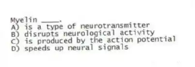 Myelin ____.
A) is a type of neurotransmitter
B) disrupts neurological activity
C) is produced by the action potential
D) speeds up neural signals