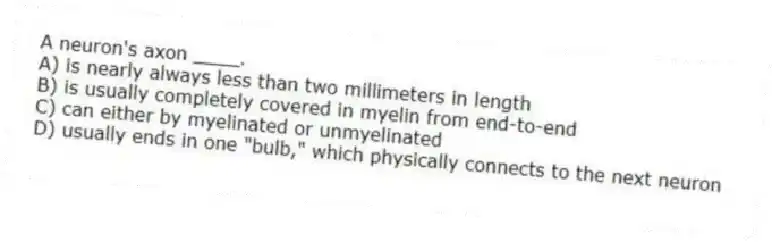 A neuron's axon ____.
A) is nearly always less than two millimeters in length
B) is usually completely covered in myelin from end-to-end
C) can either by myelinated or unmyelinated
D) usually ends in one "bulb," which physically connects to the next neuron