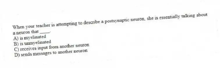 When your teacher is attempting to describe a postsynaptic neuron, she is essentially talking about a neuron that ____.
A) is myelinated
B) is unmyelinated
C) receives input from another neuron
D) sends messages to another neuron
