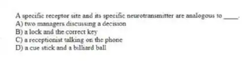 A specific receptor site and its specific neurotransmitter are analogous to ____.
A) two managers discussing a decision
B) a lock and the correct key
C) a receptionist talking on the phone
D) a cue stick and a billiard ball