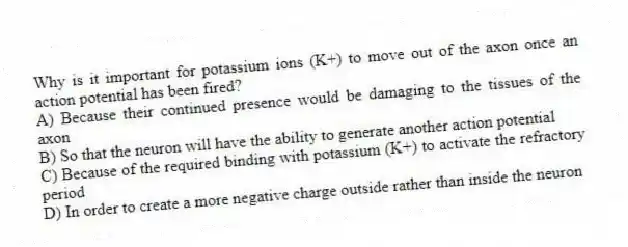 Why is it important for potassium ions (K+) to move out of the axon once an action potential has been fired?
A) Because their continued presence would be damaging to the tissues of the axon
B) So that the neuron will have the ability to generate another action potential
C) Because of the required binding with potassium (K+) to activate the refractory period
D) In order to create a more negative charge outside rather than inside the neuron