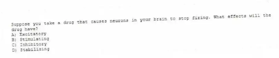 Suppose you take a drug that causes neurons in your brain to stop firing. What effects will the drug have?
A) Excitatory
B) Stimulating
C) Inhibitory
D) Stabilizing