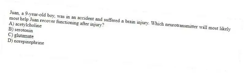Juan, a 9-year-old boy, was in an accident and suffered a brain injury. Which neurotransmitter will most likely most help Juan recover functioning after injury?
A) acetylcholine
B) serotonin
C) glutamate
D) norepinephrine