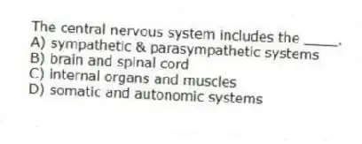 The central nervous system includes the ____.
A) sympathetic & parasympathetic systems
B) brain and spinal cord
C) internal organs and muscles
D) somatic and autonomic systems