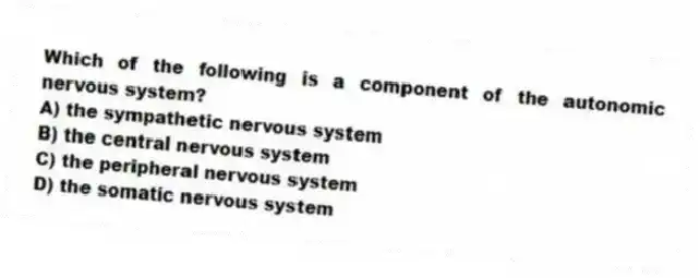 Which of the following is a component of the autonomic nervous system?
A) the sympathetic nervous system
B) the central nervous system
C) the peripheral nervous system
D) the somatic nervous system