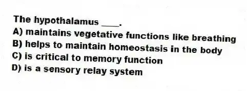 The hypothalamus ____.
A) maintains vegetative functions like breathing
B) helps to maintain homeostasis in the body
C) is critical to memory function
D) is a sensory relay system