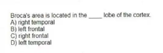 Broca's area is located in the ____ lobe of the cortex.
A) right temporal
B) left frontal
C) right frontal
D) left temporal