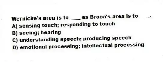 Wernicke's area is to ____ as Broca's area is to ____.
A) sensing touch; responding to touch
B) seeing; hearing
C) understanding speech; producing speech
D) emotional processing; intellectual processing