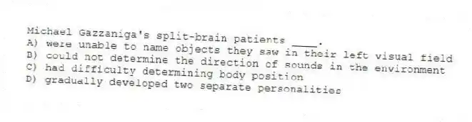 Michael Gazzaniga's split-brain patients ____.
A) were unable to name objects they saw in their left visual field
B) could not determine the direction of sounds in the environment
C) had difficulty determining body position
D) gradually developed two separate personalities