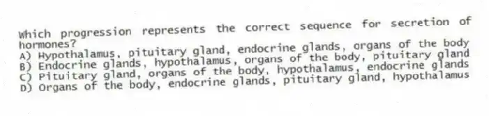 Which progression represents the correct sequence for secretion of hormones?
A) Hypothalamus, pituitary gland, endocrine glands, organs of the body
B) Endocrine glands, hypothalamus, organs of the body, pituitary gland
C) Pituitary gland, organs of the body, hypothalamus, endocrine glands
D) Organs of the body, endocrine glands, pituitary gland, hypothalamus