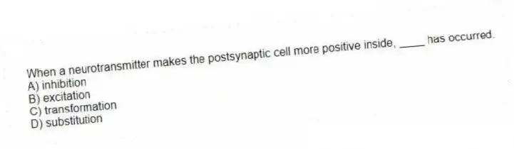 When a neurotransmitter makes the postsynaptic cell more positive inside, ____ has occurred.
A) inhibition
B) excitation
C) transformation
D) substitution