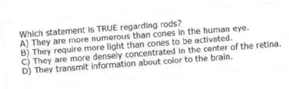 Which statement is TRUE regarding rods?
A) They are more numerous than cones in the human eye.
B) They require more light than cones to be activated.
C) They are more densely concentrated in the center of the retina.
D) They transmit information about color to the brain.