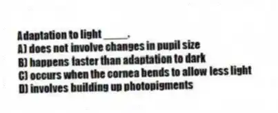 Adaptation to light ____.
A) does not involve changes in pupil size
B) happens faster than adaptation to dark
C) occurs when the cornea bends to allow less light
D) involves building up photopigments