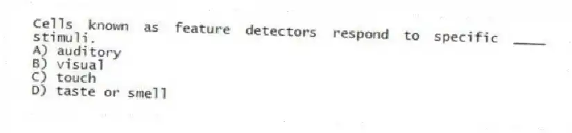 Cells known as feature detectors respond to specific ____ stimuli.
A) auditory
B) visual
C) touch
D) taste or smell