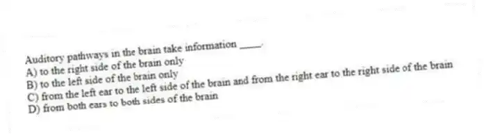 Auditory pathways in the brain take information ____.
A) to the right side of the brain only
B) to the left side of the brain only
C) from the left ear to the left side of the brain and from the right ear to the right side of the brain
D) from both ears to both sides of the brain