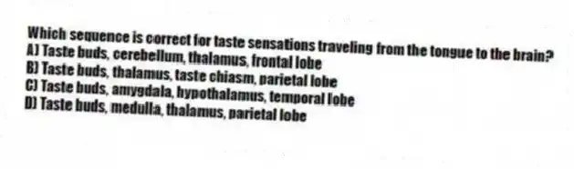 Which sequence is correct for taste sensations traveling from the tongue to the brain?
A) Taste buds, cerebellum, thalamus, frontal lobe
B) Taste buds, thalamus, taste chiasm, parietal lobe
C) Taste buds, amygdala, hypothalamus, temporal lobe
D) Taste buds, medulla, thalamus, parietal lobe