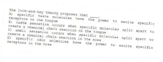 The lock-and-key theory proposes that ____.
A) specific taste molecules have the power to excite specific receptors on the tongue
B) taste sensation occurs when specific molecules split apart to create a chemical chain reaction on the tongue
C) smell sensation occurs when specific molecules split apart to create a chemical chain reaction in the nose
D) specific odor molecules have the power to excite specific receptors in the nose