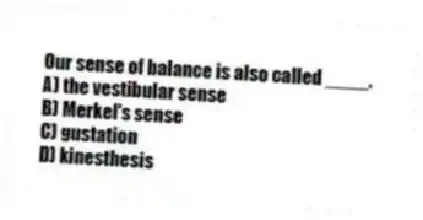 Our sense of balance is also called ____.
A) the vestibular sense
B) Merkel's sense
C) gustation
D) kinesthesis