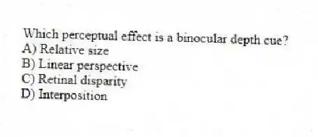 Which perceptual effect is a binocular depth cue?
A) Relative size
B) Linear perspective
C) Retinal disparity
D) Interposition