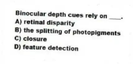 Binocular depth cues rely on ____.
A) retinal disparity
B) the splitting of photopigments
C) closure
D) feature detection