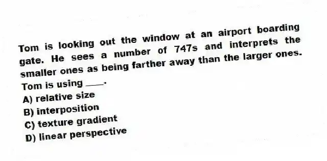 Tom is looking out the window at an airport boarding gate. He sees a number of 747s and interprets the smaller ones as being farther away than the larger ones. Tom is using ____.
A) relative size
B) interposition
C) texture gradient
D) linear perspective