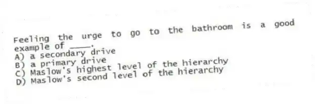 Feeling the urge to go to the bathroom is a good example of ____.
A) a secondary drive
B) a primary drive
C) Maslow's highest level of the hierarchy
D) Maslow's second level of the hierarchy