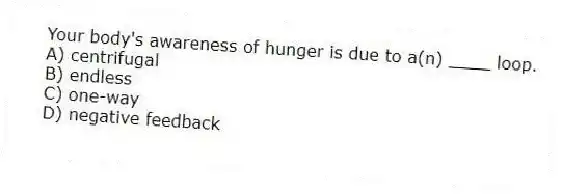 Your body's awareness of hunger is due to a(n) ____ loop.
A) centrifugal
B) endless
C) one-way
D) negative feedback
