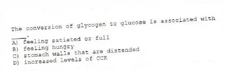 The conversion of glycogen to glucose is associated with ____.
A) feeling satiated or full
B) feeling hungry
C) stomach walls that are distended
D) increased levels of CCK
