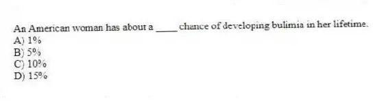 An American woman has about a ____ chance of developing bulimia in her lifetime.
A) 1%
B) 5%
C) 10%
D) 15%