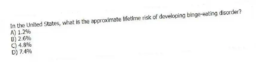 In the United States, what is the approximate lifetime risk of developing binge-eating disorder?
A) 1.2%
B) 2.6%
C) 4.8%
D) 7.4%