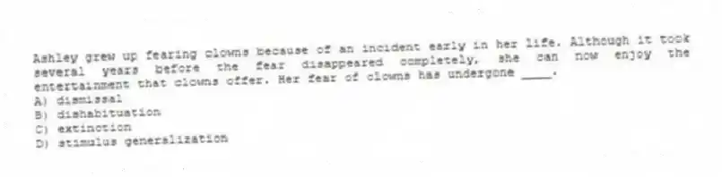 Ashley grew up fearing clowns because of an incident early in her life. Although it took several years before the fear disappeared completely, she can now enjoy the entertainment that clowns offer. Her fear of clowns has undergone ____.
A) dismissal
B) dishabituation
C) extinction
D) stimulus generalization