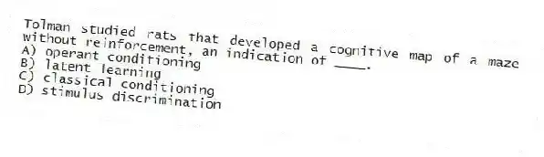Tolman studied rats that developed a cognitive map of a maze without reinforcement, an indication of ____.
A) operant conditioning
B) latent learning
C) classical conditioning
D) stimulus discrimination