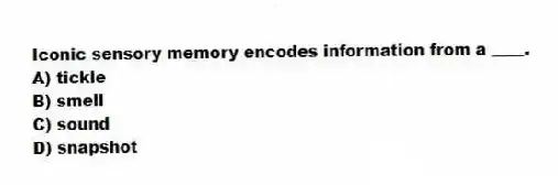 Iconic sensory memory encodes information from a ____.
A) tickle
B) smell
C) sound
D) snapshot